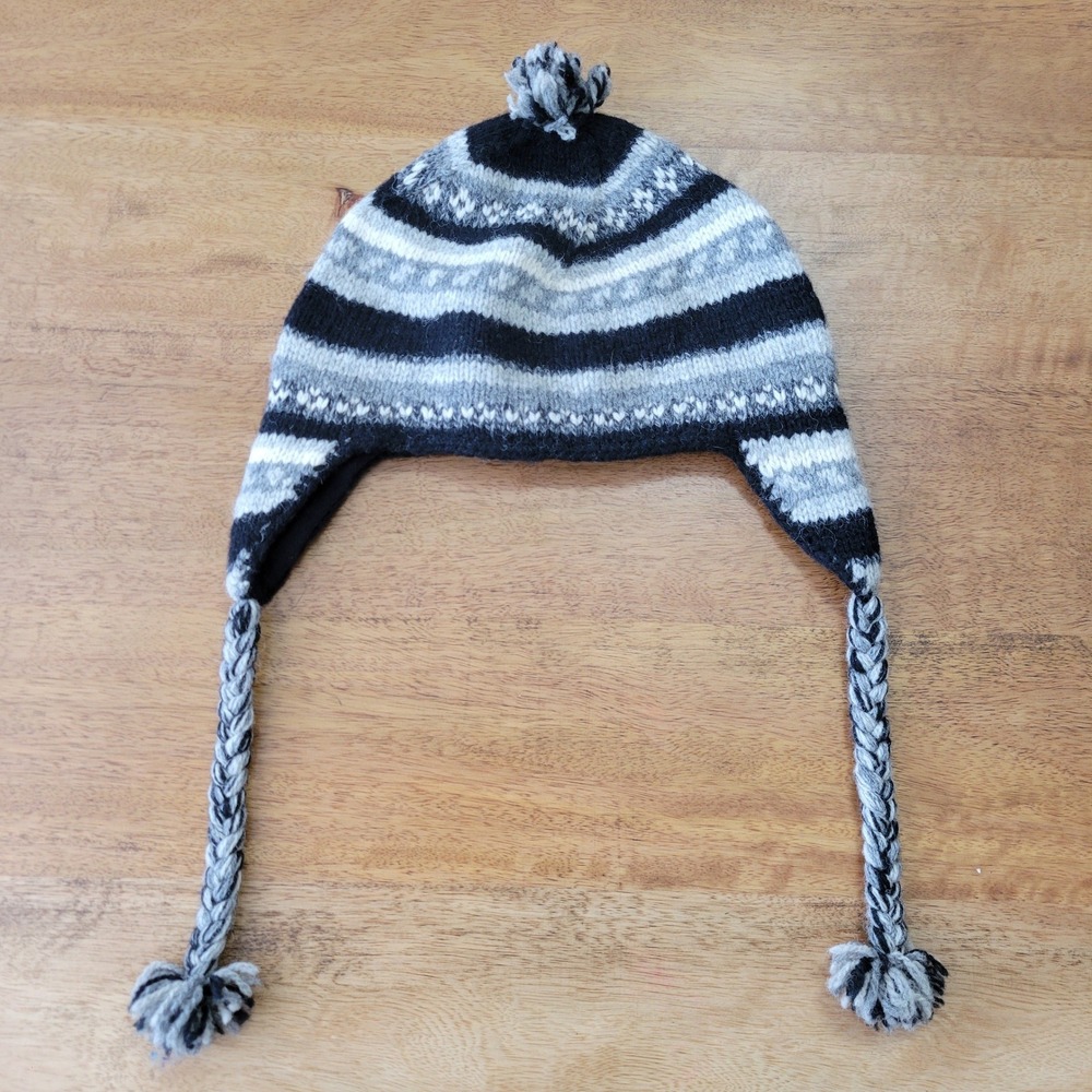 Gap Trapper Hat Unisex S/M Black Gray Wool Fair Isle Fleece Lined 144462-00-1